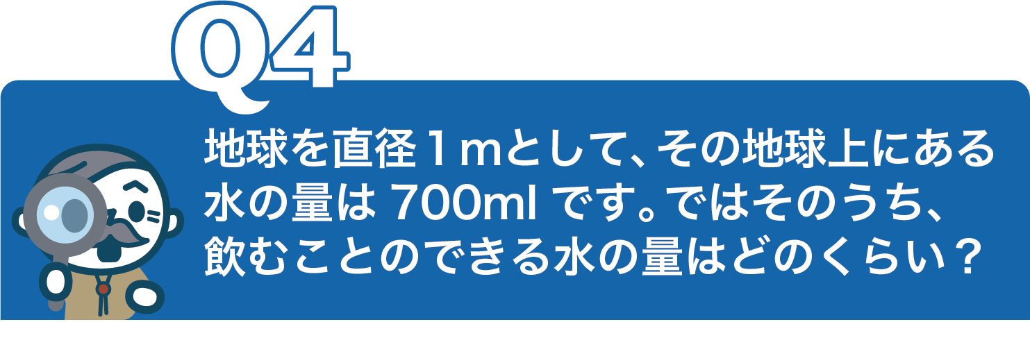 地球を直径１ｍとして、その地球上にある水の量は700mlです。ではそのうち、 飲むことのできる水の量はどのくらい？